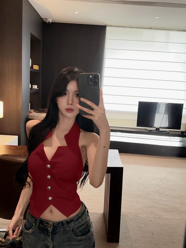 정가 실사 핫걸 명문 여성 싱글 줄 버튼 백리스 행침 목 슬립 베스트 조끼 여성 품격 몸매 가꾸기 맨위 상세 이미지 1