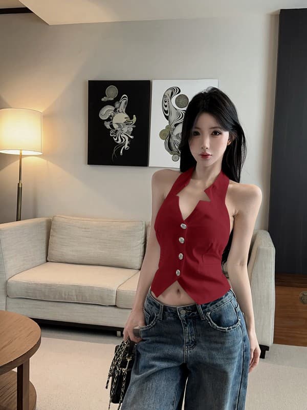 정가 실사 핫걸 명문 여성 싱글 줄 버튼 백리스 행침 목 슬립 베스트 조끼 여성 품격 몸매 가꾸기 맨위 상세 이미지 2