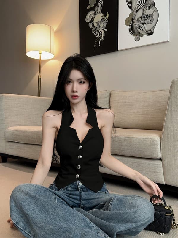 정가 실사 핫걸 명문 여성 싱글 줄 버튼 백리스 행침 목 슬립 베스트 조끼 여성 품격 몸매 가꾸기 맨위 상세 이미지 5