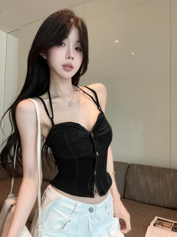 정가 실사 아메리칸 뜨거운 핫걸 섹시함 디자인 작은 대중 데님 슬립 여성 인사이드 가져 가라. 외출용 행침 목 맨위 여름 상세 이미지 4