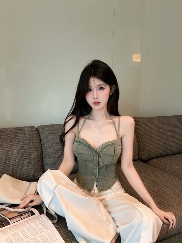 정가 실사 아메리칸 뜨거운 핫걸 섹시함 디자인 작은 대중 데님 슬립 여성 인사이드 가져 가라. 외출용 행침 목 맨위 여름 상세 이미지 6