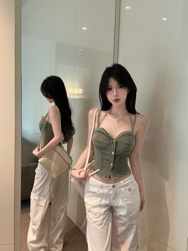정가 실사 아메리칸 뜨거운 핫걸 섹시함 디자인 작은 대중 데님 슬립 여성 인사이드 가져 가라. 외출용 행침 목 맨위 여름 상세 이미지 9