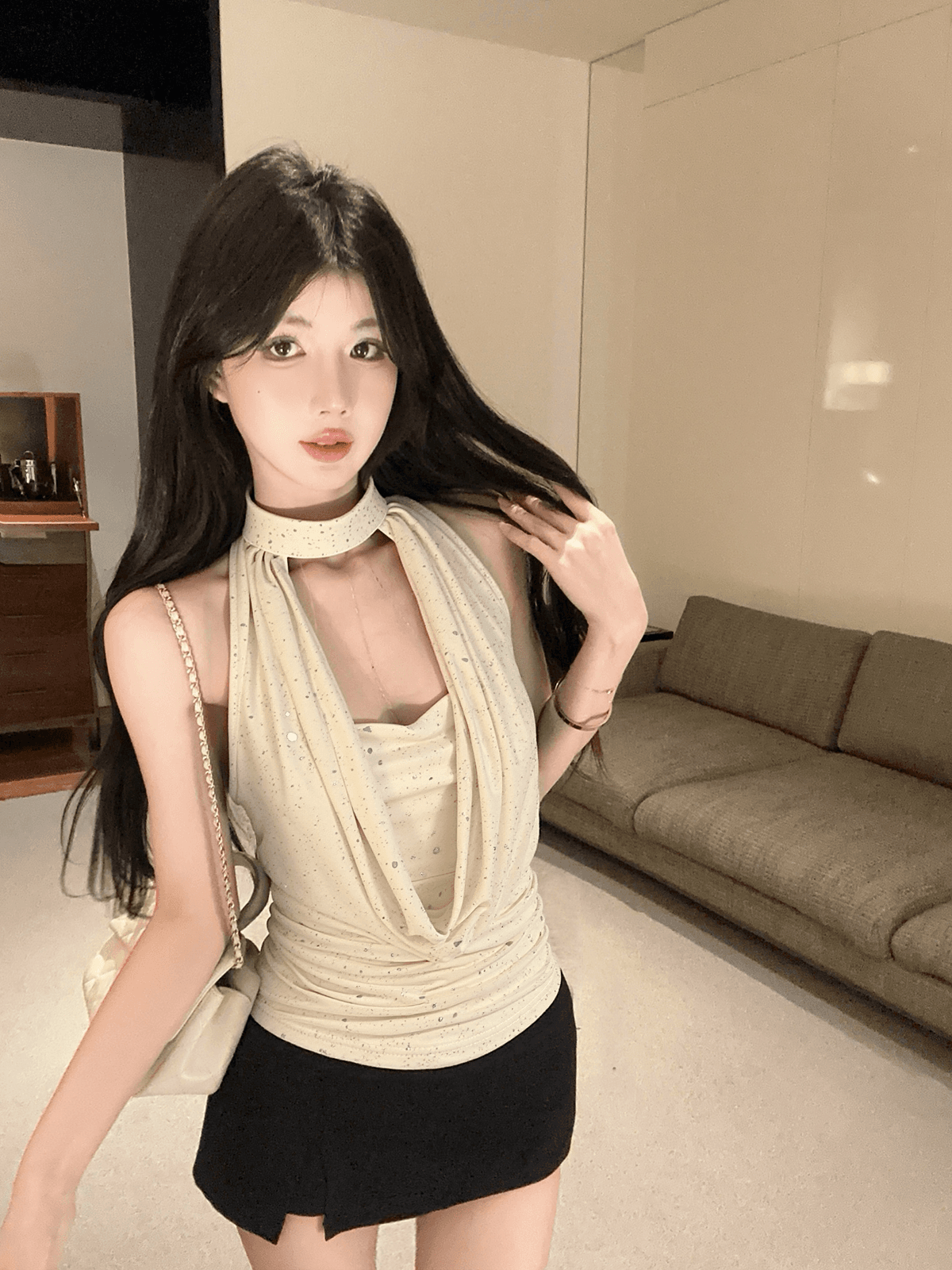 실사 정가 흔들다 칼라 행침 목 조끼 핫픽스 아름다움 뒤로 몸매 가꾸기 고급 순수한 욕망 검정색 맨위 이미지 3
