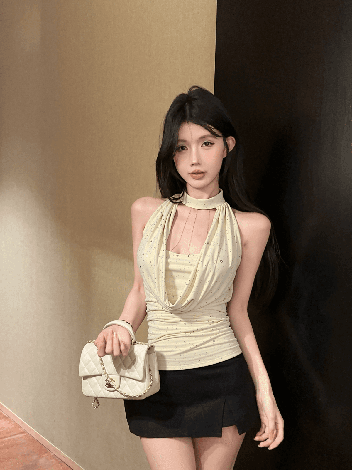실사 정가 흔들다 칼라 행침 목 조끼 핫픽스 아름다움 뒤로 몸매 가꾸기 고급 순수한 욕망 검정색 맨위 상세 이미지 1