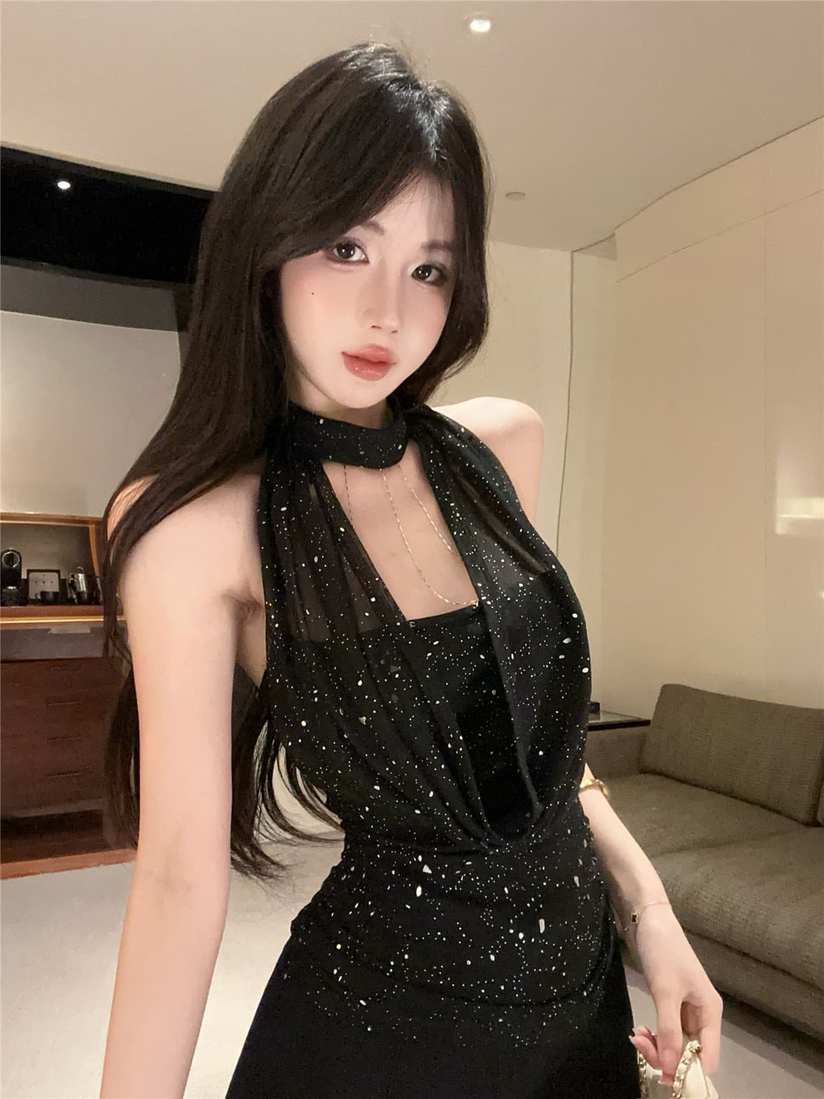 실사 정가 흔들다 칼라 행침 목 조끼 핫픽스 아름다움 뒤로 몸매 가꾸기 고급 순수한 욕망 검정색 맨위 상세 이미지 14