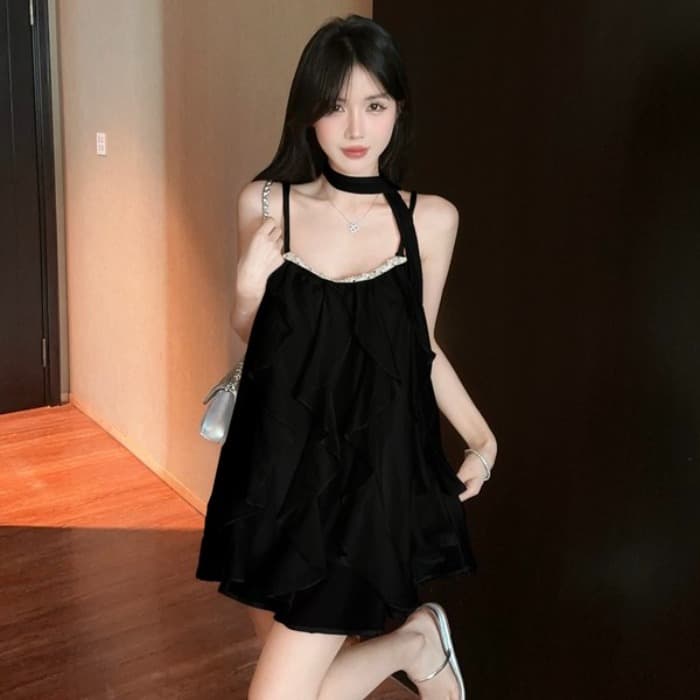 정가 실사 명문 여성 무거운 작업 못 훈련 패치워크 품격 프릴 요정 슬립 미니 스커트 드레스 경기 리본 이미지 2