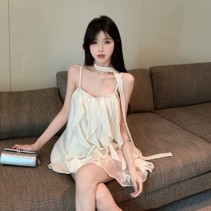 정가 실사 명문 여성 무거운 작업 못 훈련 패치워크 품격 프릴 요정 슬립 미니 스커트 드레스 경기 리본 이미지 3