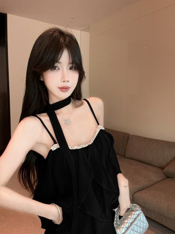 정가 실사 명문 여성 무거운 작업 못 훈련 패치워크 품격 프릴 요정 슬립 미니 스커트 드레스 경기 리본 상세 이미지 1