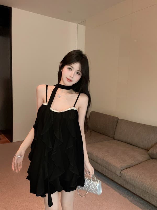 정가 실사 명문 여성 무거운 작업 못 훈련 패치워크 품격 프릴 요정 슬립 미니 스커트 드레스 경기 리본 상세 이미지 2