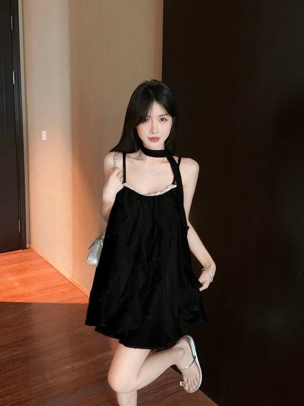 정가 실사 명문 여성 무거운 작업 못 훈련 패치워크 품격 프릴 요정 슬립 미니 스커트 드레스 경기 리본 상세 이미지 3