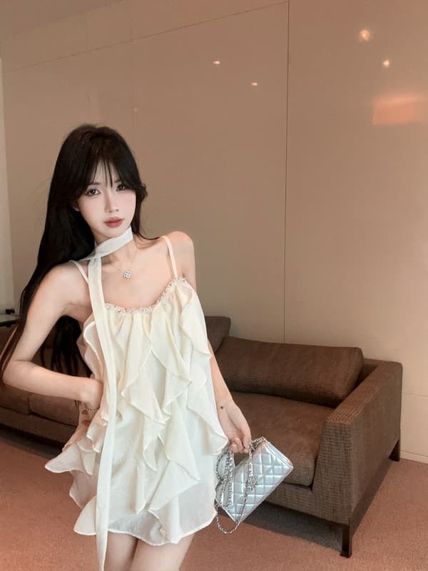 정가 실사 명문 여성 무거운 작업 못 훈련 패치워크 품격 프릴 요정 슬립 미니 스커트 드레스 경기 리본 상세 이미지 13