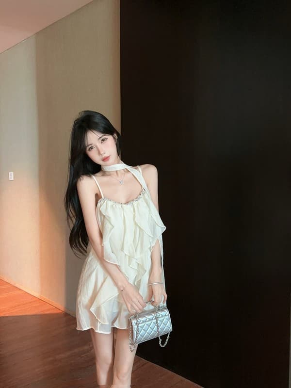정가 실사 명문 여성 무거운 작업 못 훈련 패치워크 품격 프릴 요정 슬립 미니 스커트 드레스 경기 리본 상세 이미지 15