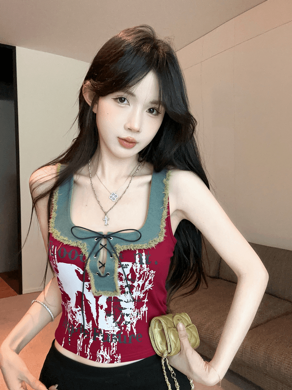 정가 실사 새로운 아메리칸 레트로 스트랩 u 단어 칼라 외국 가스 프린트 알파벳 핫걸 데님 패치워크 조끼 여성 상세 이미지 1