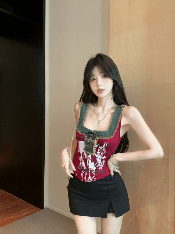정가 실사 새로운 아메리칸 레트로 스트랩 u 단어 칼라 외국 가스 프린트 알파벳 핫걸 데님 패치워크 조끼 여성 상세 이미지 2