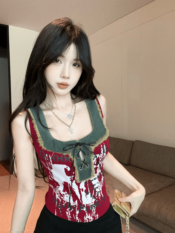 정가 실사 새로운 아메리칸 레트로 스트랩 u 단어 칼라 외국 가스 프린트 알파벳 핫걸 데님 패치워크 조끼 여성 상세 이미지 3