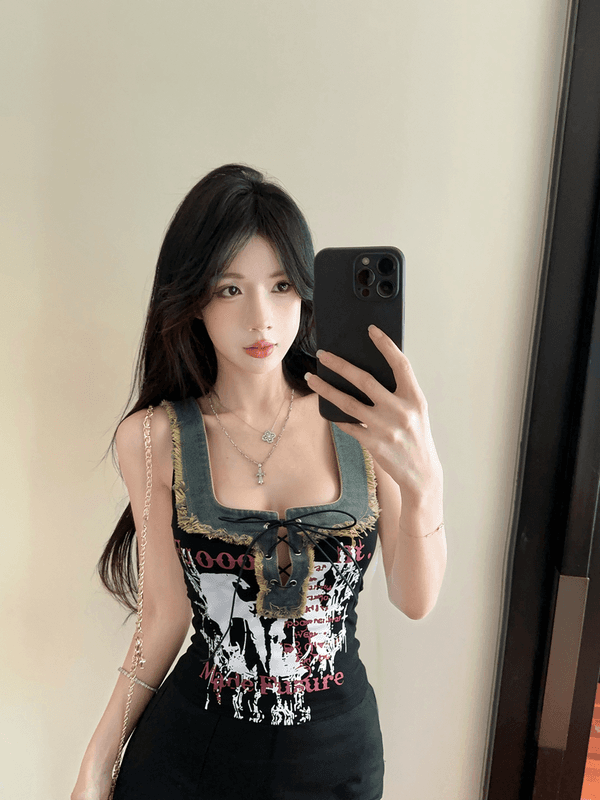 정가 실사 새로운 아메리칸 레트로 스트랩 u 단어 칼라 외국 가스 프린트 알파벳 핫걸 데님 패치워크 조끼 여성 상세 이미지 4