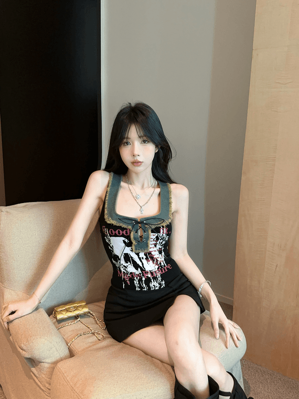 정가 실사 새로운 아메리칸 레트로 스트랩 u 단어 칼라 외국 가스 프린트 알파벳 핫걸 데님 패치워크 조끼 여성 상세 이미지 5