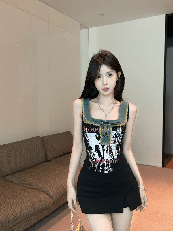정가 실사 새로운 아메리칸 레트로 스트랩 u 단어 칼라 외국 가스 프린트 알파벳 핫걸 데님 패치워크 조끼 여성 상세 이미지 6