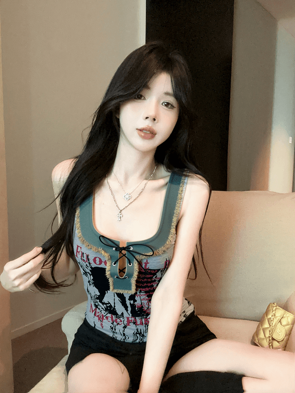 정가 실사 새로운 아메리칸 레트로 스트랩 u 단어 칼라 외국 가스 프린트 알파벳 핫걸 데님 패치워크 조끼 여성 상세 이미지 7