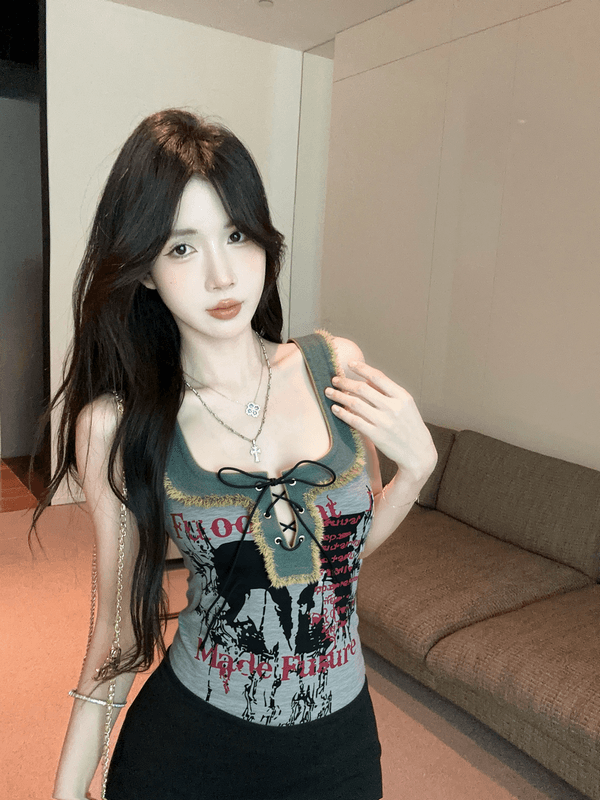정가 실사 새로운 아메리칸 레트로 스트랩 u 단어 칼라 외국 가스 프린트 알파벳 핫걸 데님 패치워크 조끼 여성 상세 이미지 9
