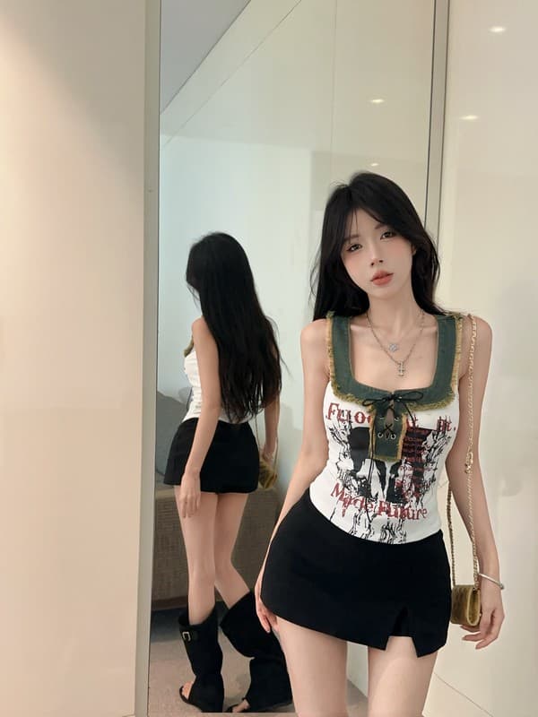 정가 실사 새로운 아메리칸 레트로 스트랩 u 단어 칼라 외국 가스 프린트 알파벳 핫걸 데님 패치워크 조끼 여성 상세 이미지 10