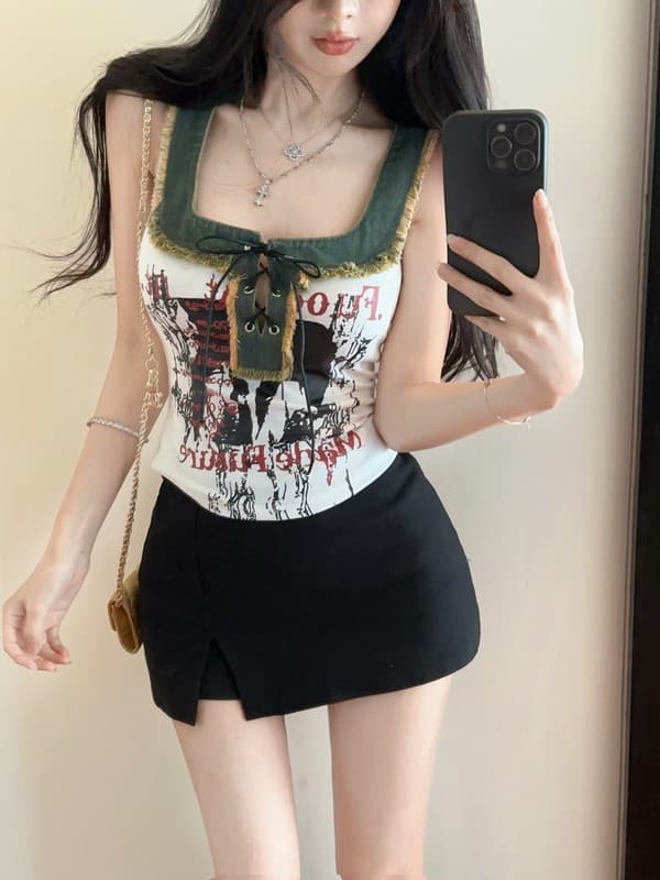 정가 실사 새로운 아메리칸 레트로 스트랩 u 단어 칼라 외국 가스 프린트 알파벳 핫걸 데님 패치워크 조끼 여성 상세 이미지 11
