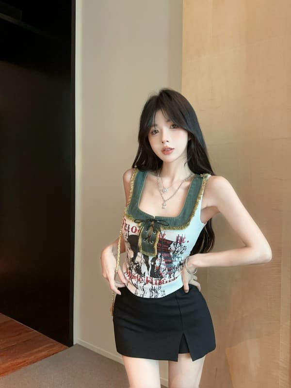 정가 실사 새로운 아메리칸 레트로 스트랩 u 단어 칼라 외국 가스 프린트 알파벳 핫걸 데님 패치워크 조끼 여성 상세 이미지 12