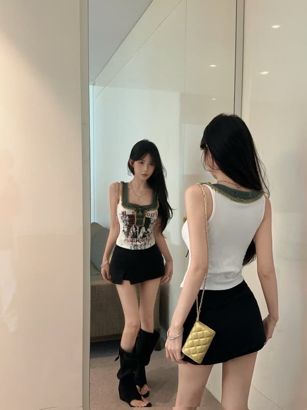 정가 실사 새로운 아메리칸 레트로 스트랩 u 단어 칼라 외국 가스 프린트 알파벳 핫걸 데님 패치워크 조끼 여성 상세 이미지 13