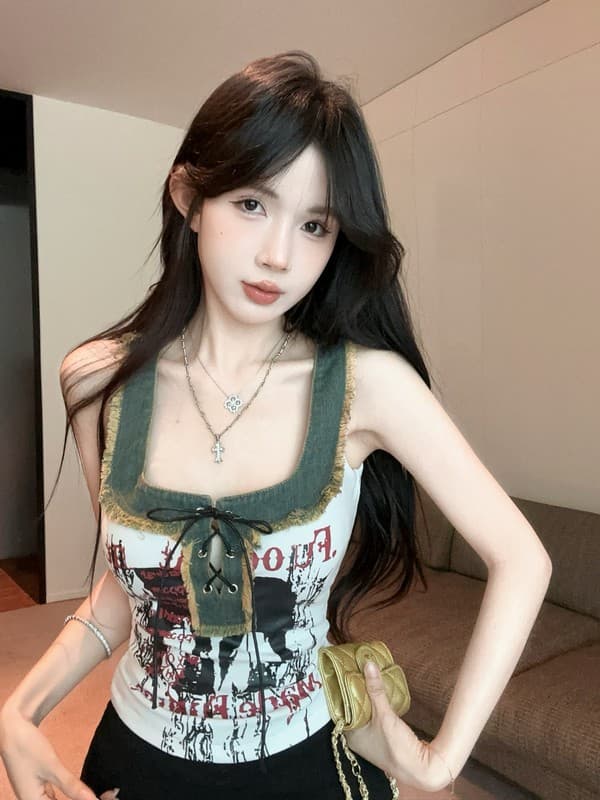 정가 실사 새로운 아메리칸 레트로 스트랩 u 단어 칼라 외국 가스 프린트 알파벳 핫걸 데님 패치워크 조끼 여성 상세 이미지 14
