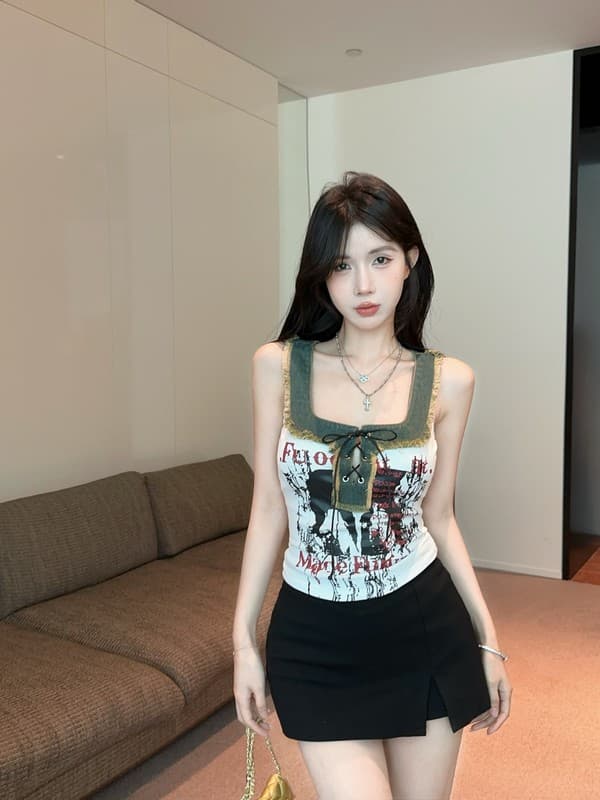 정가 실사 새로운 아메리칸 레트로 스트랩 u 단어 칼라 외국 가스 프린트 알파벳 핫걸 데님 패치워크 조끼 여성 상세 이미지 15