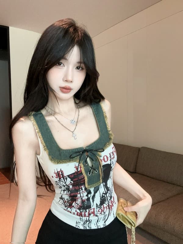 정가 실사 새로운 아메리칸 레트로 스트랩 u 단어 칼라 외국 가스 프린트 알파벳 핫걸 데님 패치워크 조끼 여성 상세 이미지 16