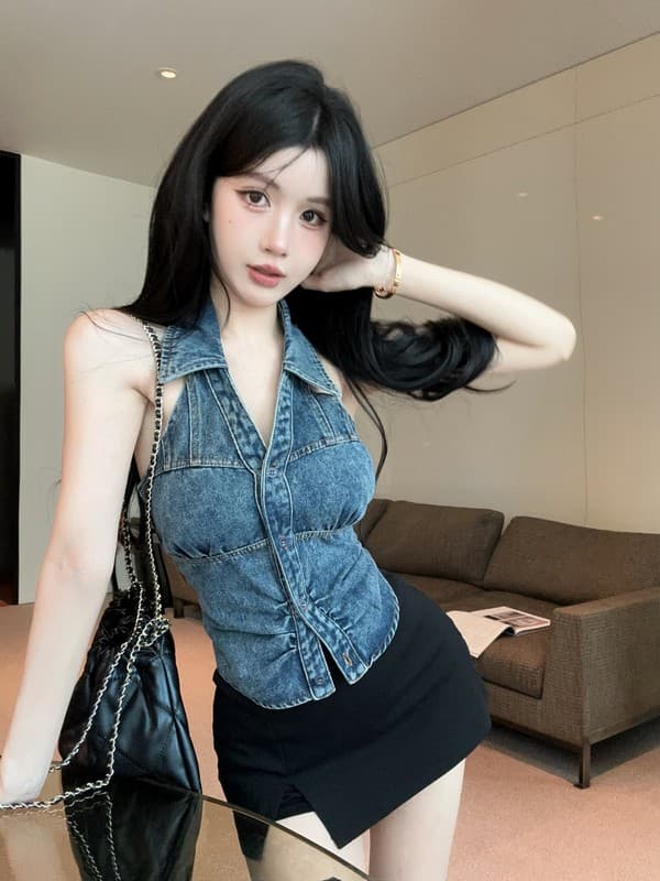 정가 실사 아메리칸 핫걸 바람 행침 목 빅 브이 넥 데님 조끼 백리스 외출용 디자인 센스 몸매 가꾸기 맨위 상세 이미지 1
