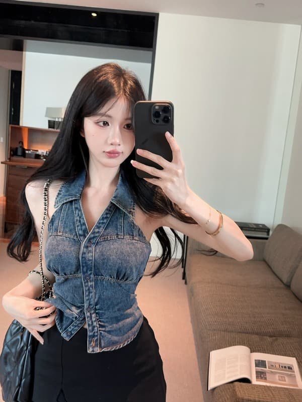 정가 실사 아메리칸 핫걸 바람 행침 목 빅 브이 넥 데님 조끼 백리스 외출용 디자인 센스 몸매 가꾸기 맨위 상세 이미지 2