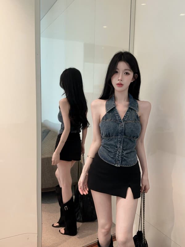 정가 실사 아메리칸 핫걸 바람 행침 목 빅 브이 넥 데님 조끼 백리스 외출용 디자인 센스 몸매 가꾸기 맨위 상세 이미지 3