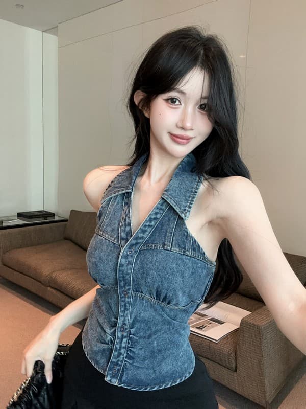 정가 실사 아메리칸 핫걸 바람 행침 목 빅 브이 넥 데님 조끼 백리스 외출용 디자인 센스 몸매 가꾸기 맨위 상세 이미지 4