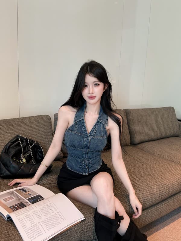 정가 실사 아메리칸 핫걸 바람 행침 목 빅 브이 넥 데님 조끼 백리스 외출용 디자인 센스 몸매 가꾸기 맨위 상세 이미지 5