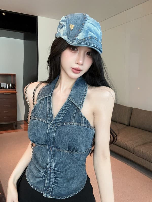 정가 실사 아메리칸 핫걸 바람 행침 목 빅 브이 넥 데님 조끼 백리스 외출용 디자인 센스 몸매 가꾸기 맨위 상세 이미지 7