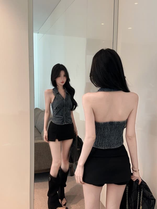 정가 실사 아메리칸 핫걸 바람 행침 목 빅 브이 넥 데님 조끼 백리스 외출용 디자인 센스 몸매 가꾸기 맨위 상세 이미지 8