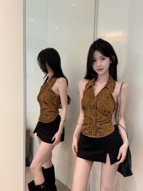 정가 실사 아메리칸 핫걸 바람 행침 목 빅 브이 넥 데님 조끼 백리스 외출용 디자인 센스 몸매 가꾸기 맨위 상세 이미지 9