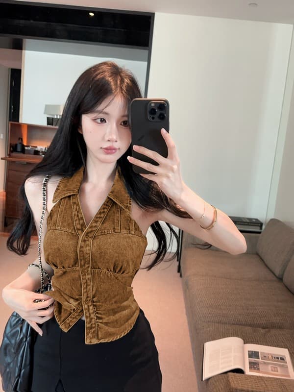 정가 실사 아메리칸 핫걸 바람 행침 목 빅 브이 넥 데님 조끼 백리스 외출용 디자인 센스 몸매 가꾸기 맨위 상세 이미지 10