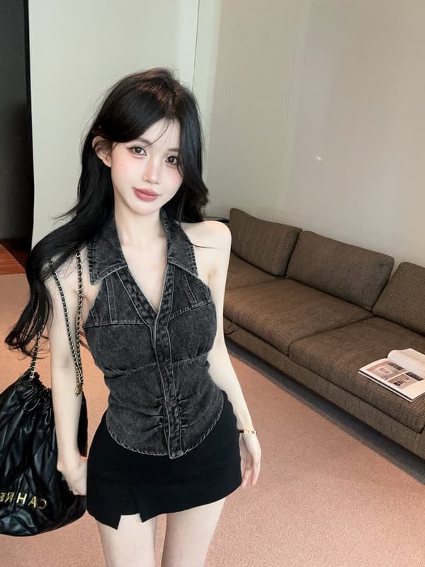 정가 실사 아메리칸 핫걸 바람 행침 목 빅 브이 넥 데님 조끼 백리스 외출용 디자인 센스 몸매 가꾸기 맨위 상세 이미지 11