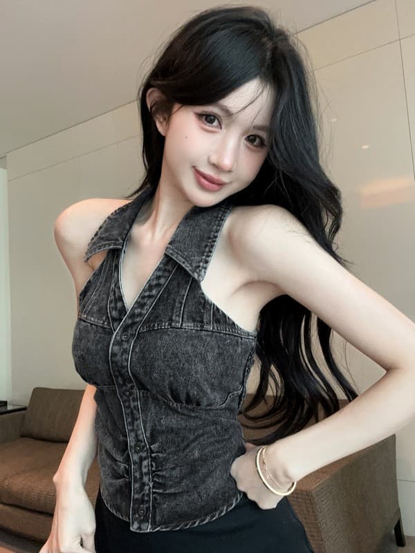정가 실사 아메리칸 핫걸 바람 행침 목 빅 브이 넥 데님 조끼 백리스 외출용 디자인 센스 몸매 가꾸기 맨위 상세 이미지 12