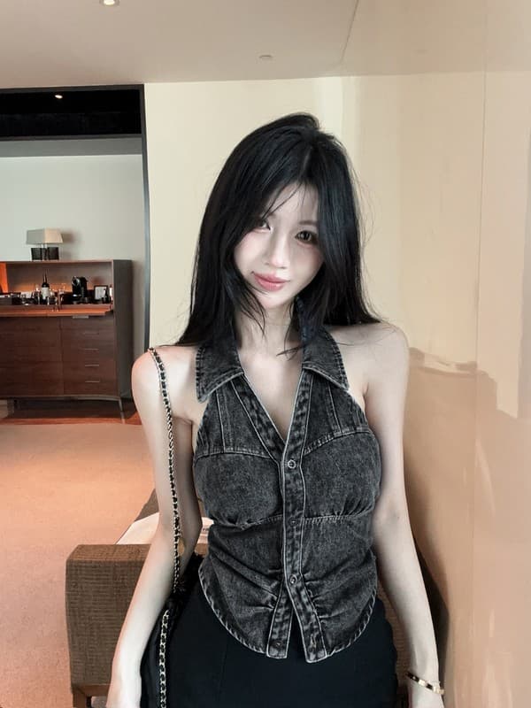정가 실사 아메리칸 핫걸 바람 행침 목 빅 브이 넥 데님 조끼 백리스 외출용 디자인 센스 몸매 가꾸기 맨위 상세 이미지 14
