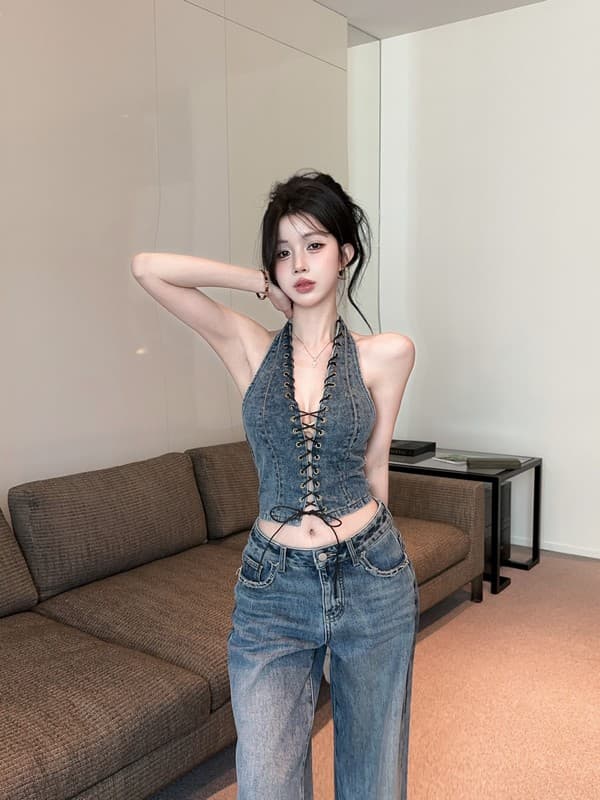 정가 실사 아메리칸 알몸의 빈 디자인 스트랩 행침 목 섹시함 핫걸 백리스 쇼트 스타일 데님 조끼 슬립 상세 이미지 2