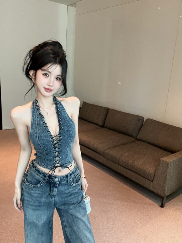 정가 실사 아메리칸 알몸의 빈 디자인 스트랩 행침 목 섹시함 핫걸 백리스 쇼트 스타일 데님 조끼 슬립 상세 이미지 4