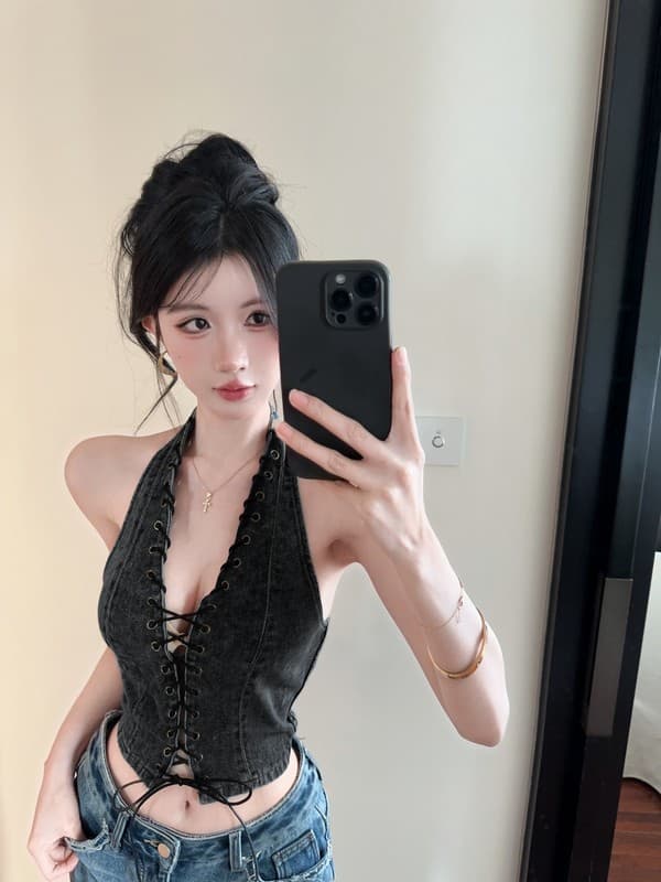 정가 실사 아메리칸 알몸의 빈 디자인 스트랩 행침 목 섹시함 핫걸 백리스 쇼트 스타일 데님 조끼 슬립 상세 이미지 9