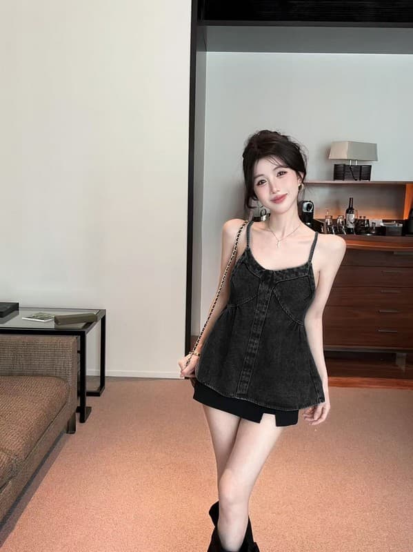 정가 실사 세련된 외국 가스 연령 감소 V넥 민소매 백리스 슬립 마이크로 지방 패션 품격 데님 조끼 맨위 상세 이미지 10
