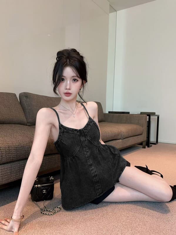 정가 실사 세련된 외국 가스 연령 감소 V넥 민소매 백리스 슬립 마이크로 지방 패션 품격 데님 조끼 맨위 상세 이미지 11