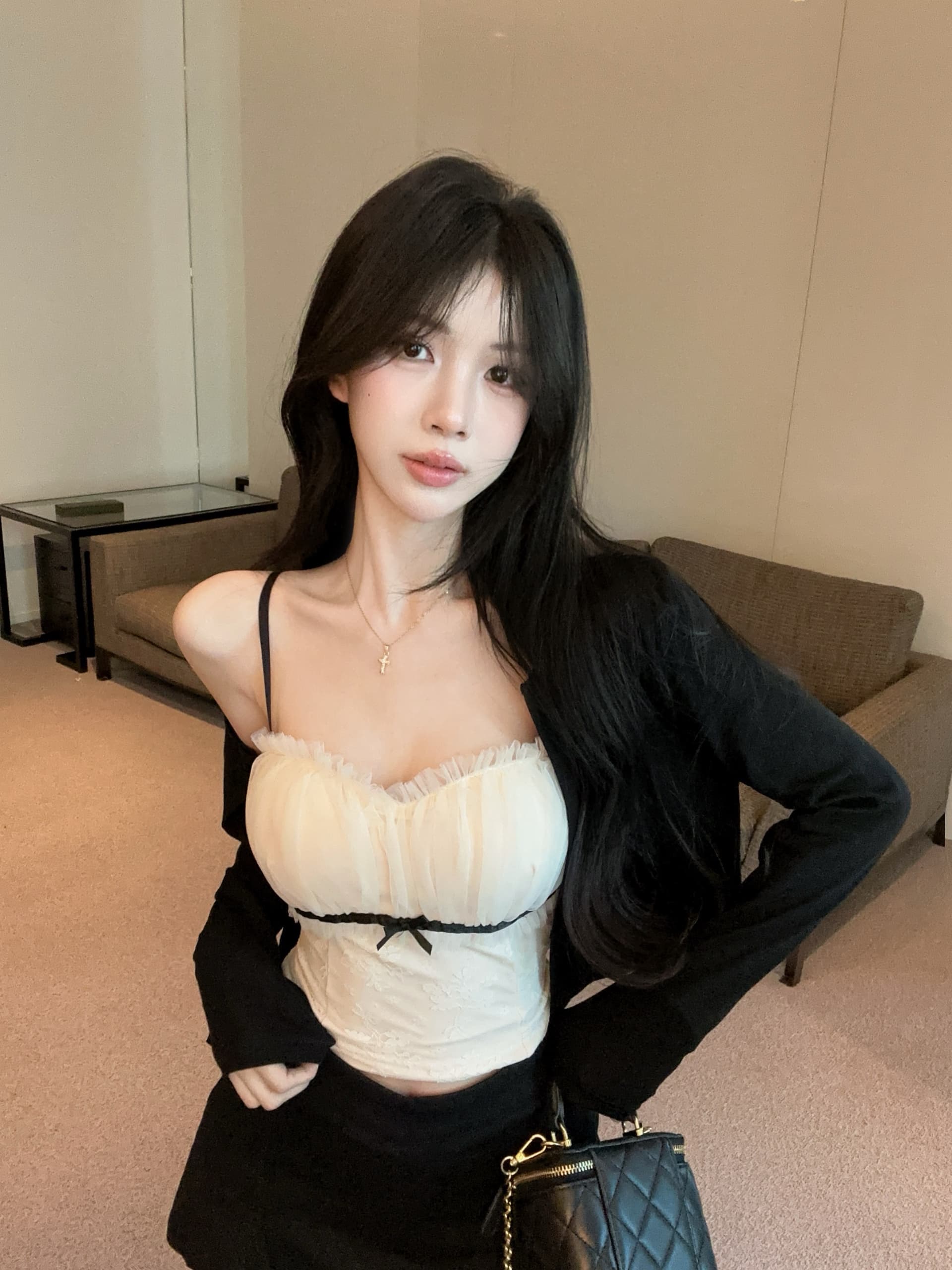 실사 정가 순수한 욕망 검정색 얇은 코트 오픈 가디건 여성 레이스 레이스 슬립 나비 매듭 튜브탑 맨위 상세 이미지 10