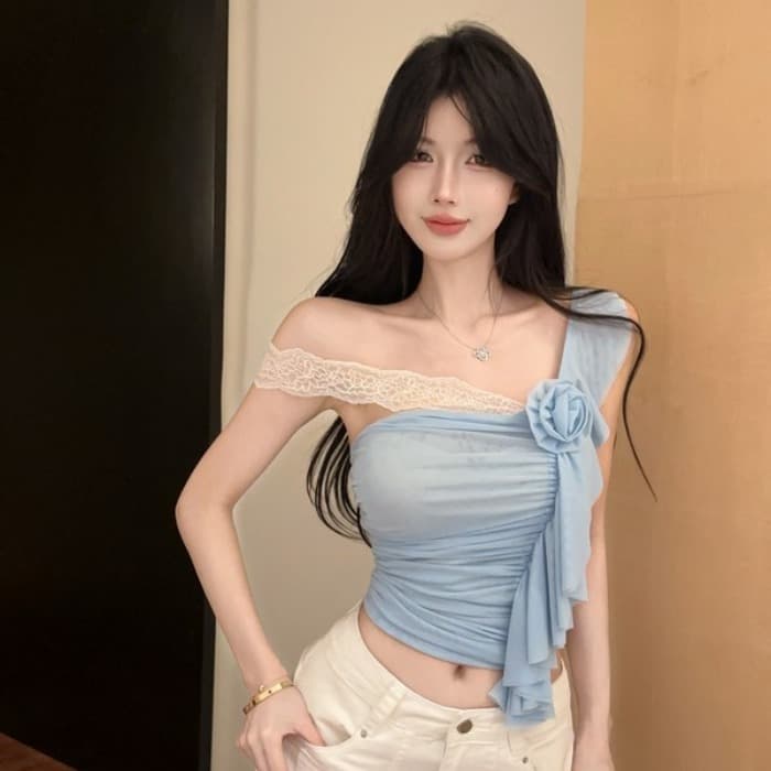 정가 실사 새로운 프랑스식 레이스 섹시함 핫걸 캐미솔 여름 몸매 가꾸기 오프숄더 슬림해 보이는 짧은 맨위 이미지 2